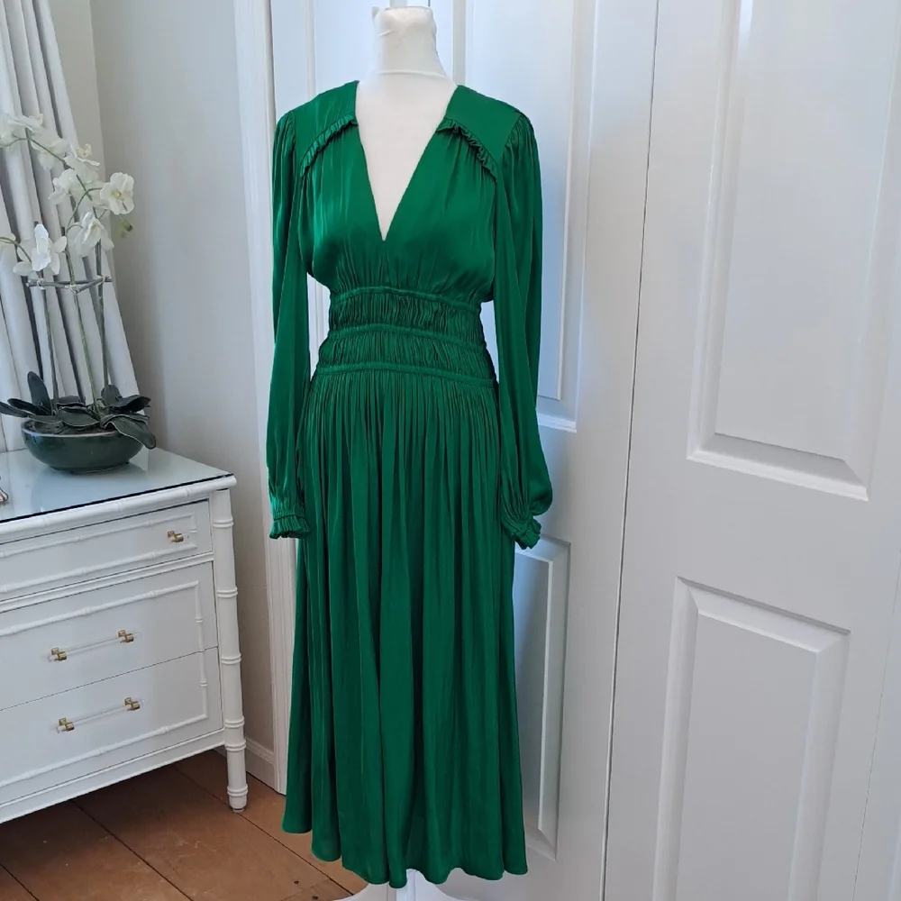 Maje Womens Rianette Smocked Silky Green Party/Wedding‎ Guest Midi Dress 38/6-8
